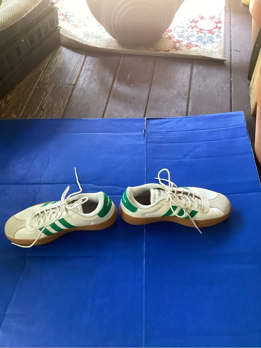 adidas White Sneakers with Green Stripes and Gum Sole, size 8.5